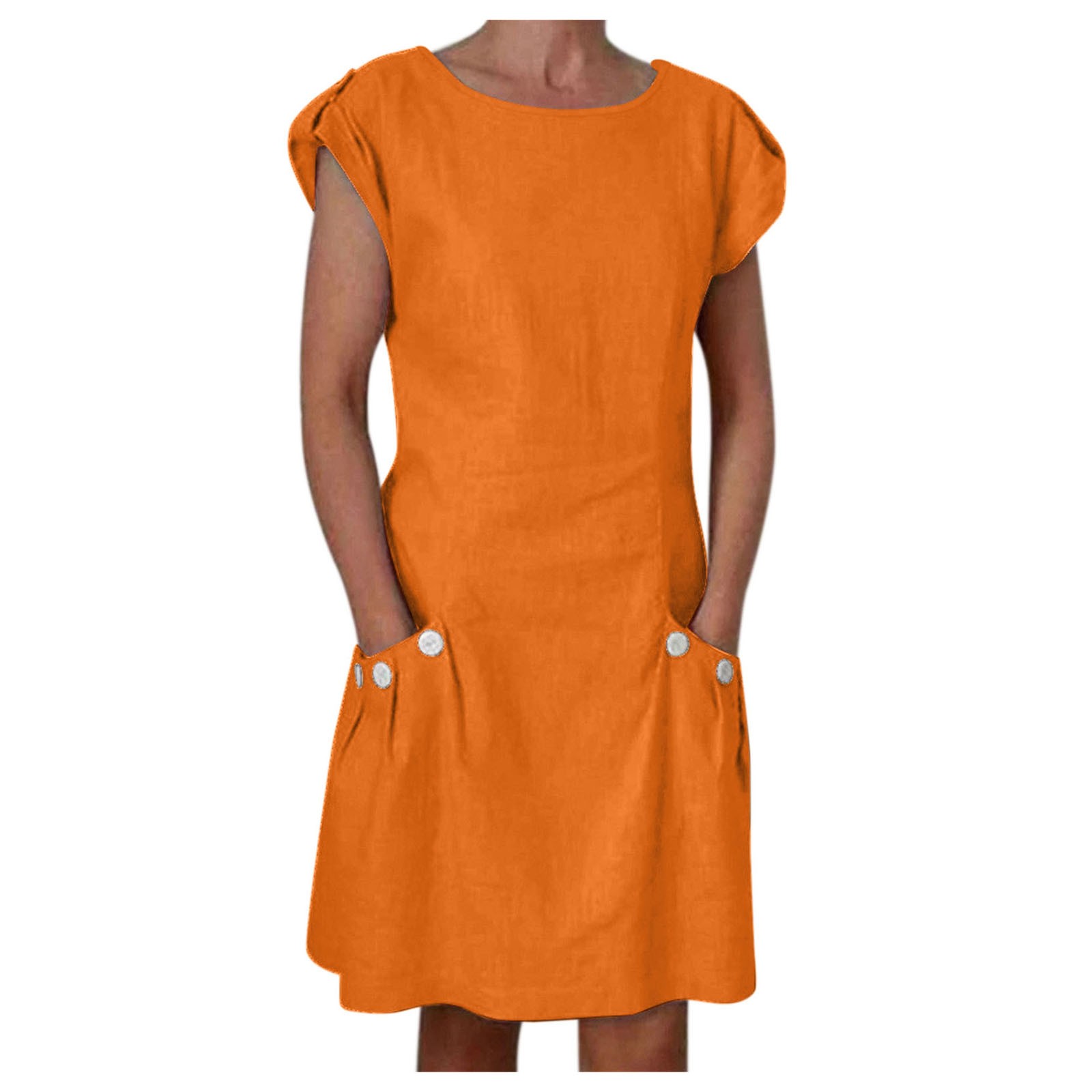 thumbnail image 4 of Vestido informal de mujer con cuello redondo, manga corta, botones, color liso y bolsillos, corte holgado y largo mini, 4 of 8